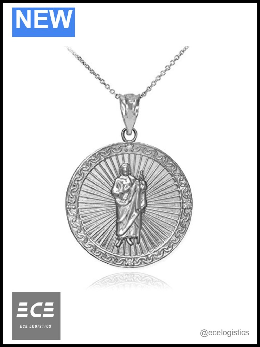 Sterling Silver Saint Jude Thaddeus CZ Round Medal Pendant Necklace 16"
